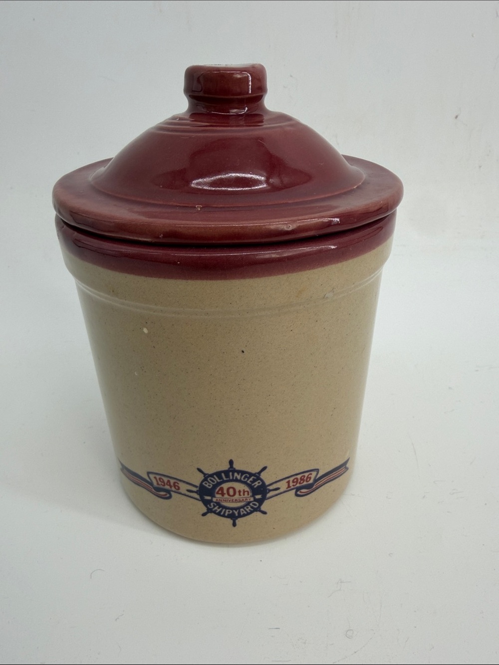 Vintage Bolinger Shipyard 1946-1986 stoneware lidded crock